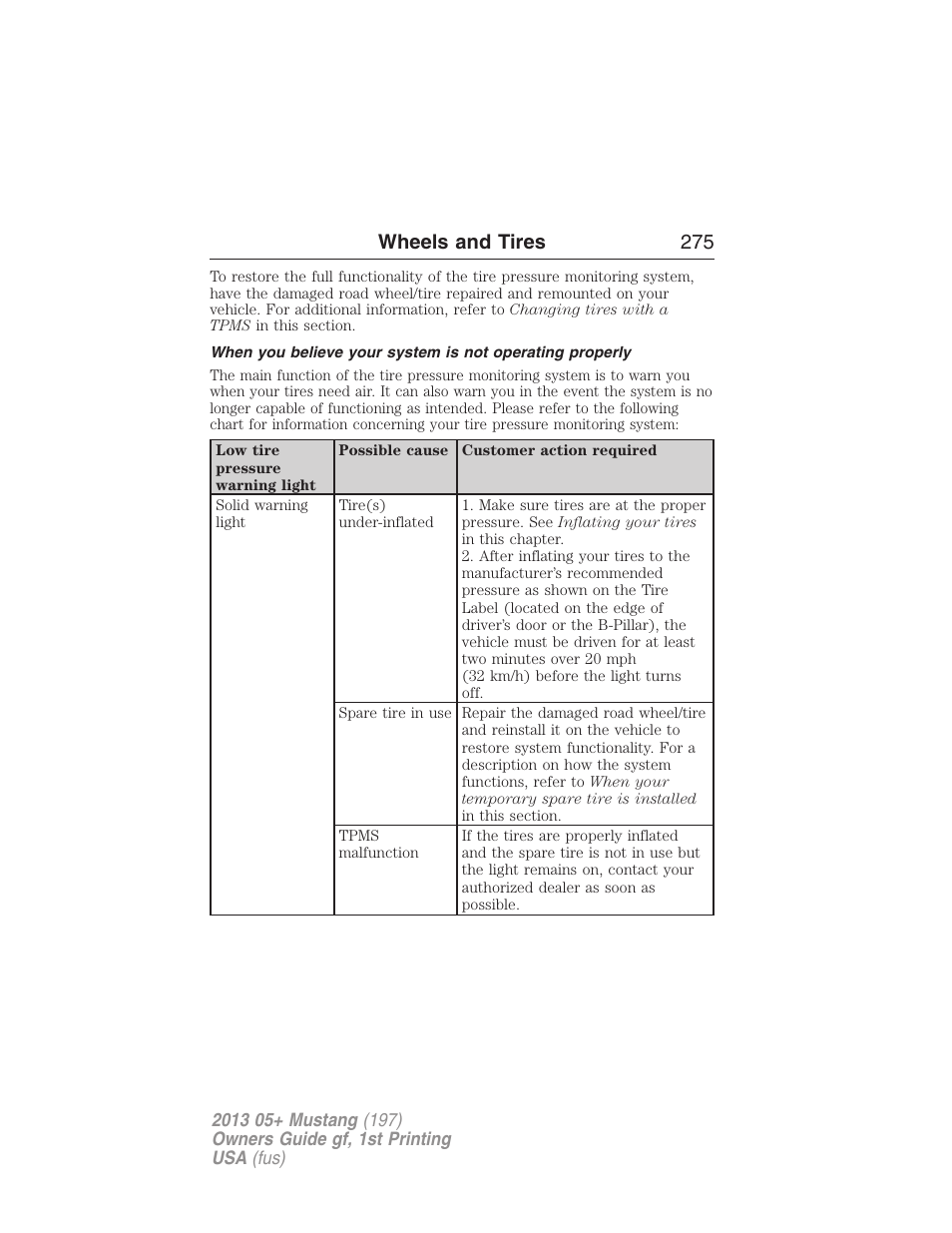 Wheels and tires 275 | FORD 2013 Mustang v.1 User Manual | Page 275 / 437