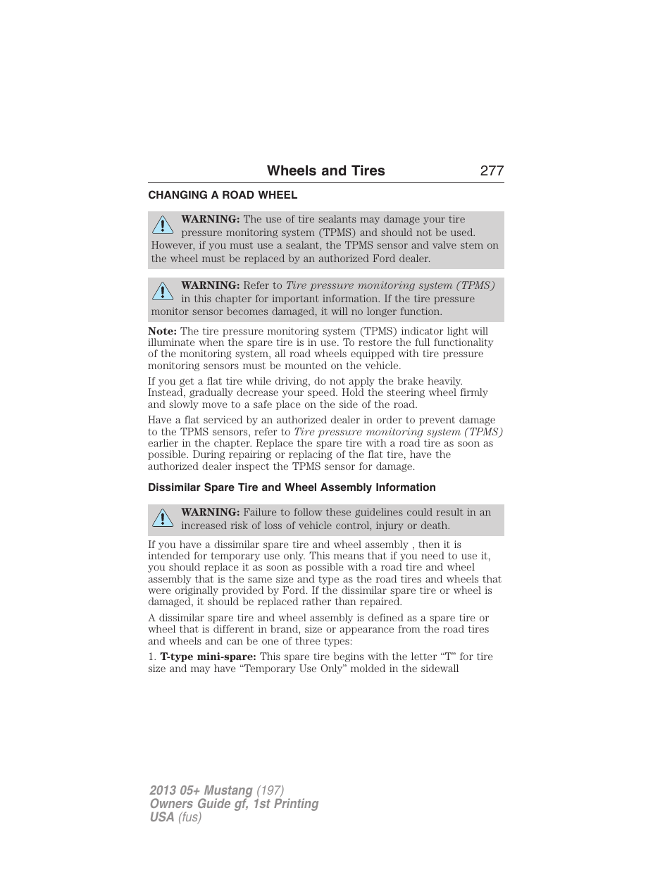 Changing a road wheel, Wheels and tires 277 | FORD 2013 Mustang v.1 User Manual | Page 277 / 437