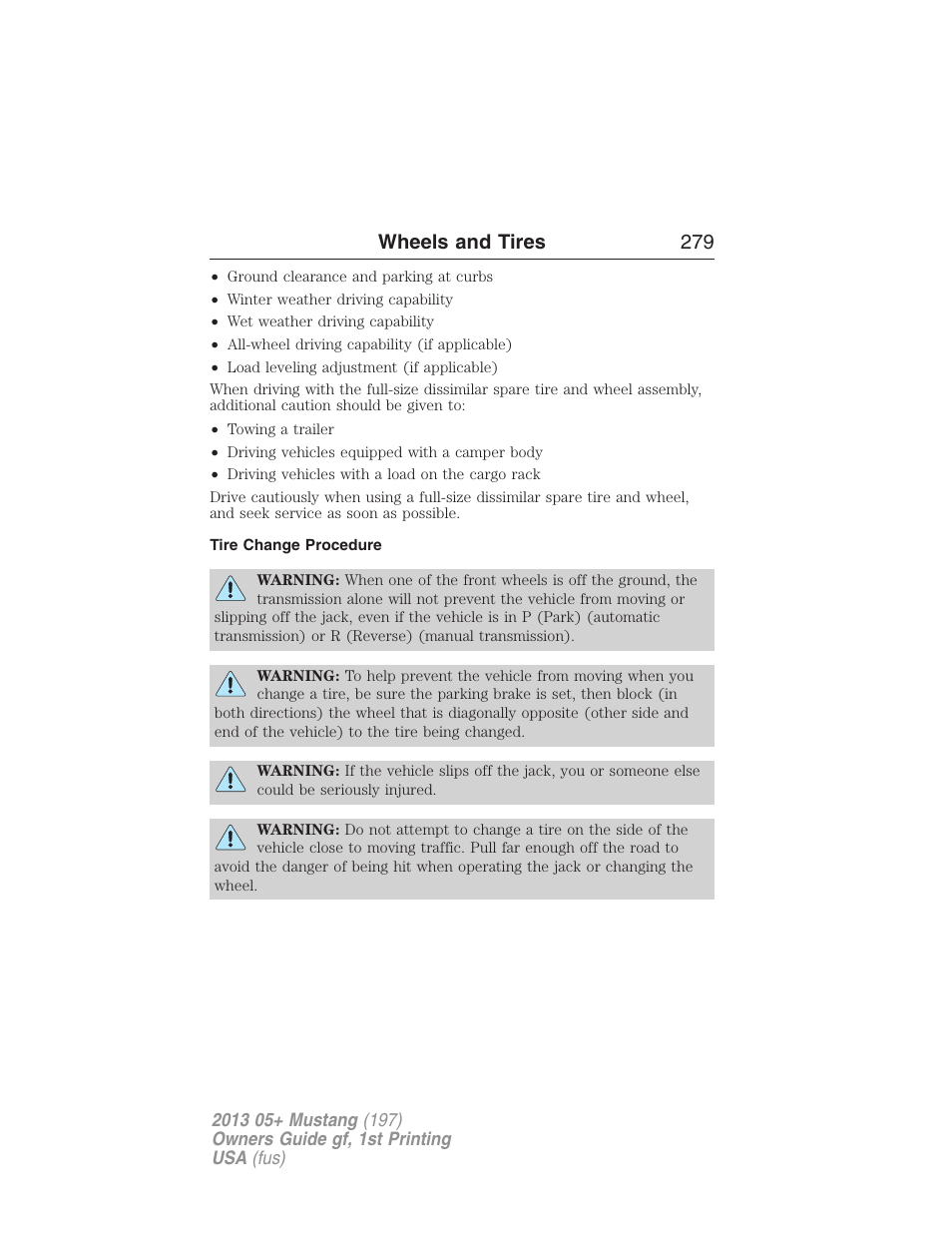 Tire change procedure, Wheels and tires 279 | FORD 2013 Mustang v.1 User Manual | Page 279 / 437