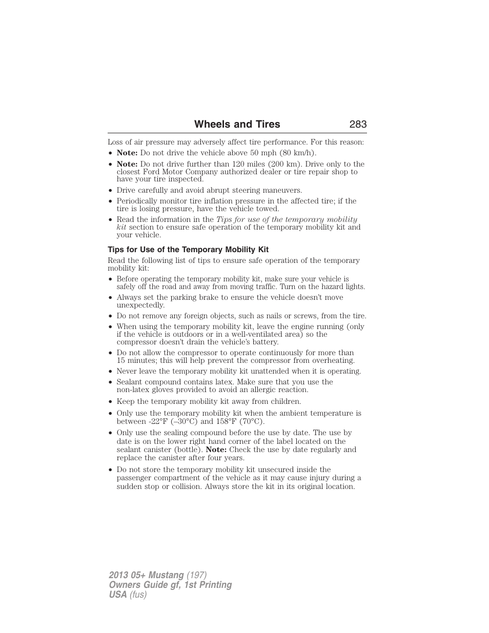 Tips for use of the temporary mobility kit, Wheels and tires 283 | FORD 2013 Mustang v.1 User Manual | Page 283 / 437