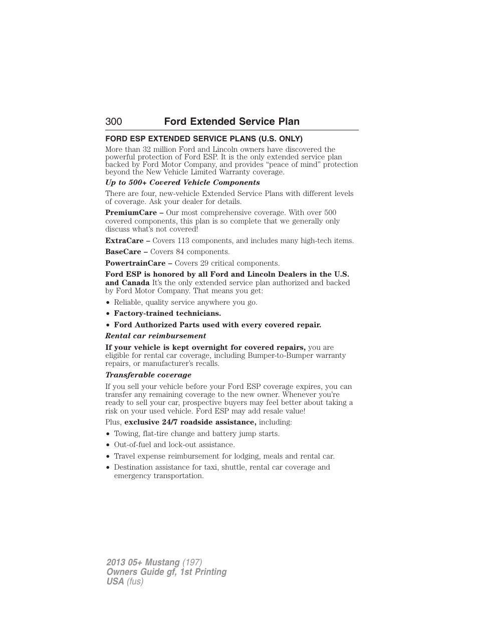 Ford extended service plan, Ford esp extended service plans (u.s. only), 300 ford extended service plan | FORD 2013 Mustang v.1 User Manual | Page 300 / 437