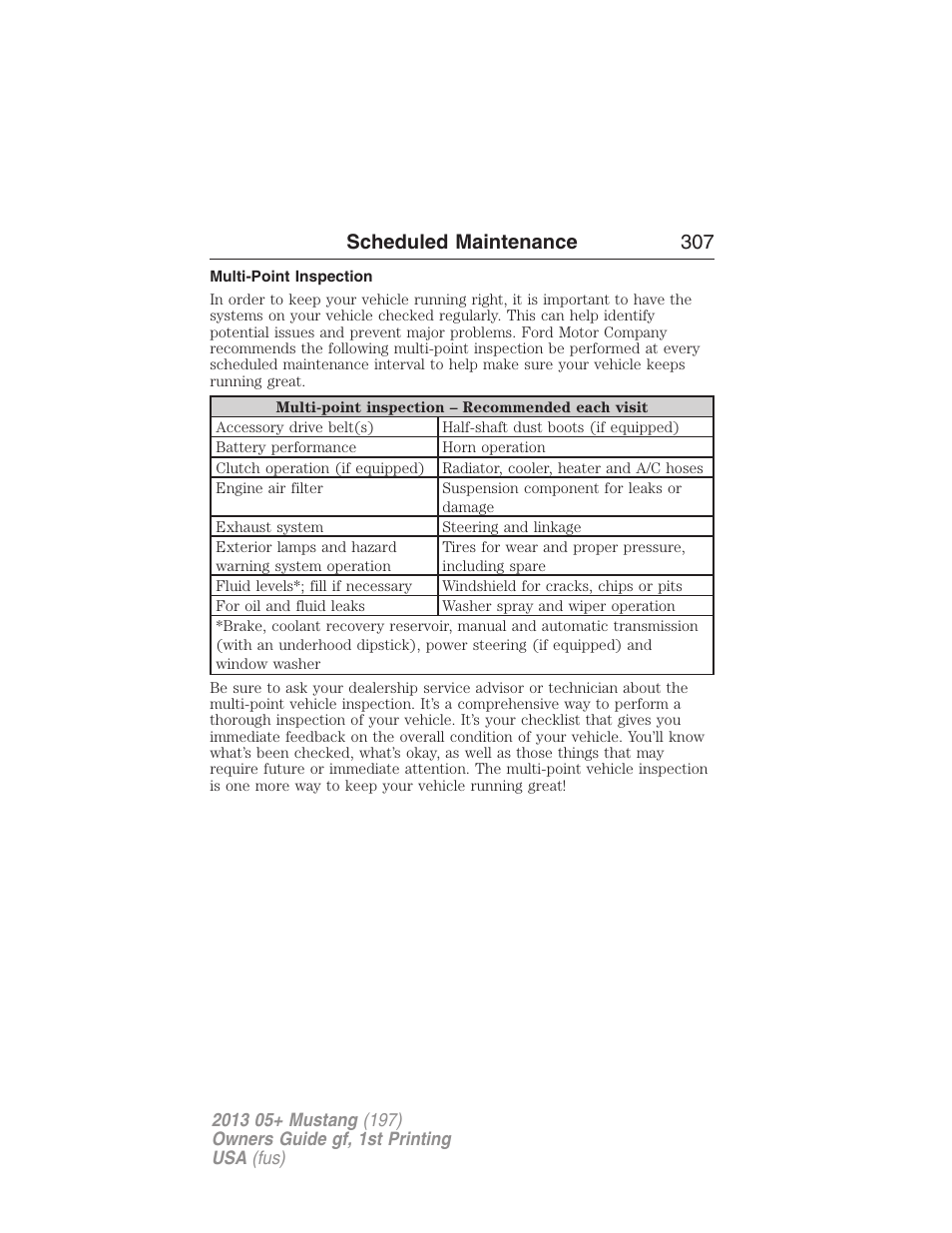 Multi-point inspection, Scheduled maintenance 307 | FORD 2013 Mustang v.1 User Manual | Page 307 / 437