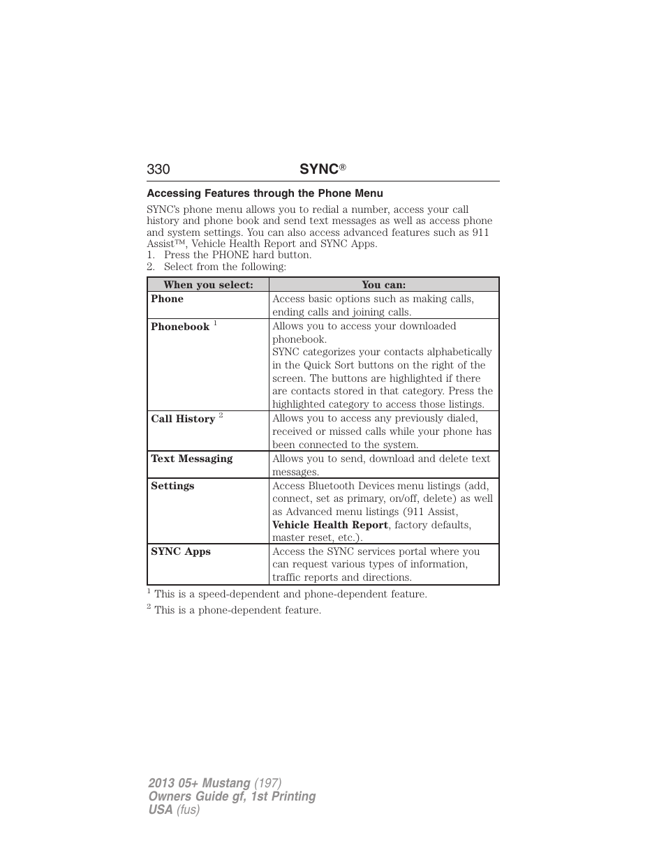 Accessing features through the phone menu, 330 sync | FORD 2013 Mustang v.1 User Manual | Page 330 / 437