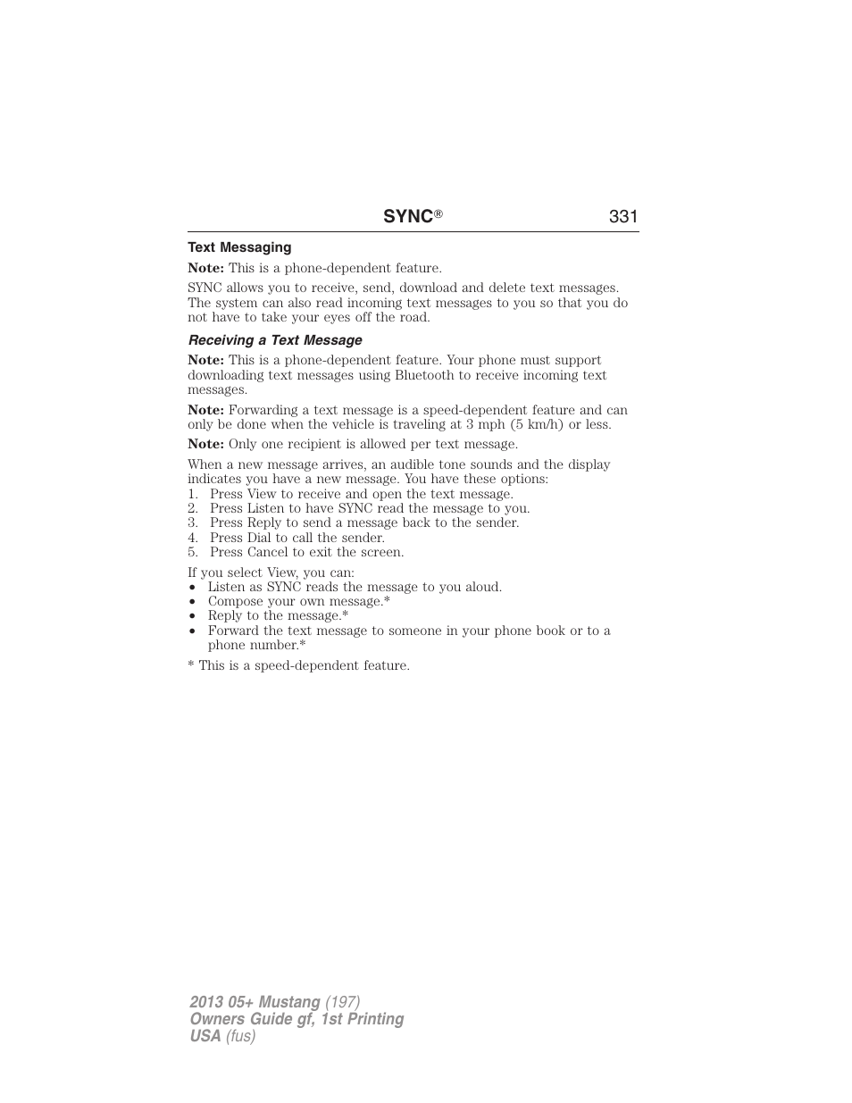 Text messaging, Receiving a text message, Sync ா 331 | FORD 2013 Mustang v.1 User Manual | Page 331 / 437
