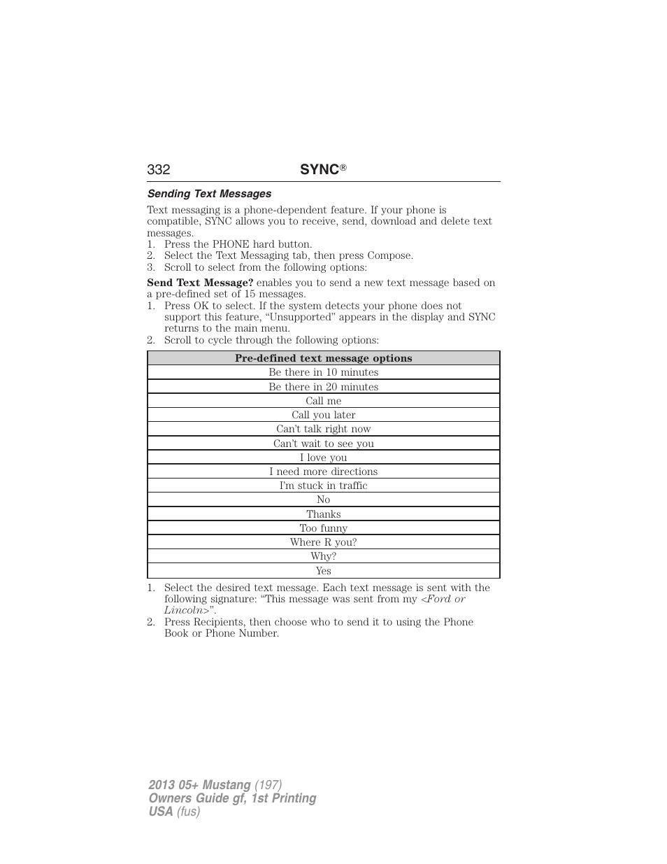 Sending text messages, 332 sync | FORD 2013 Mustang v.1 User Manual | Page 332 / 437