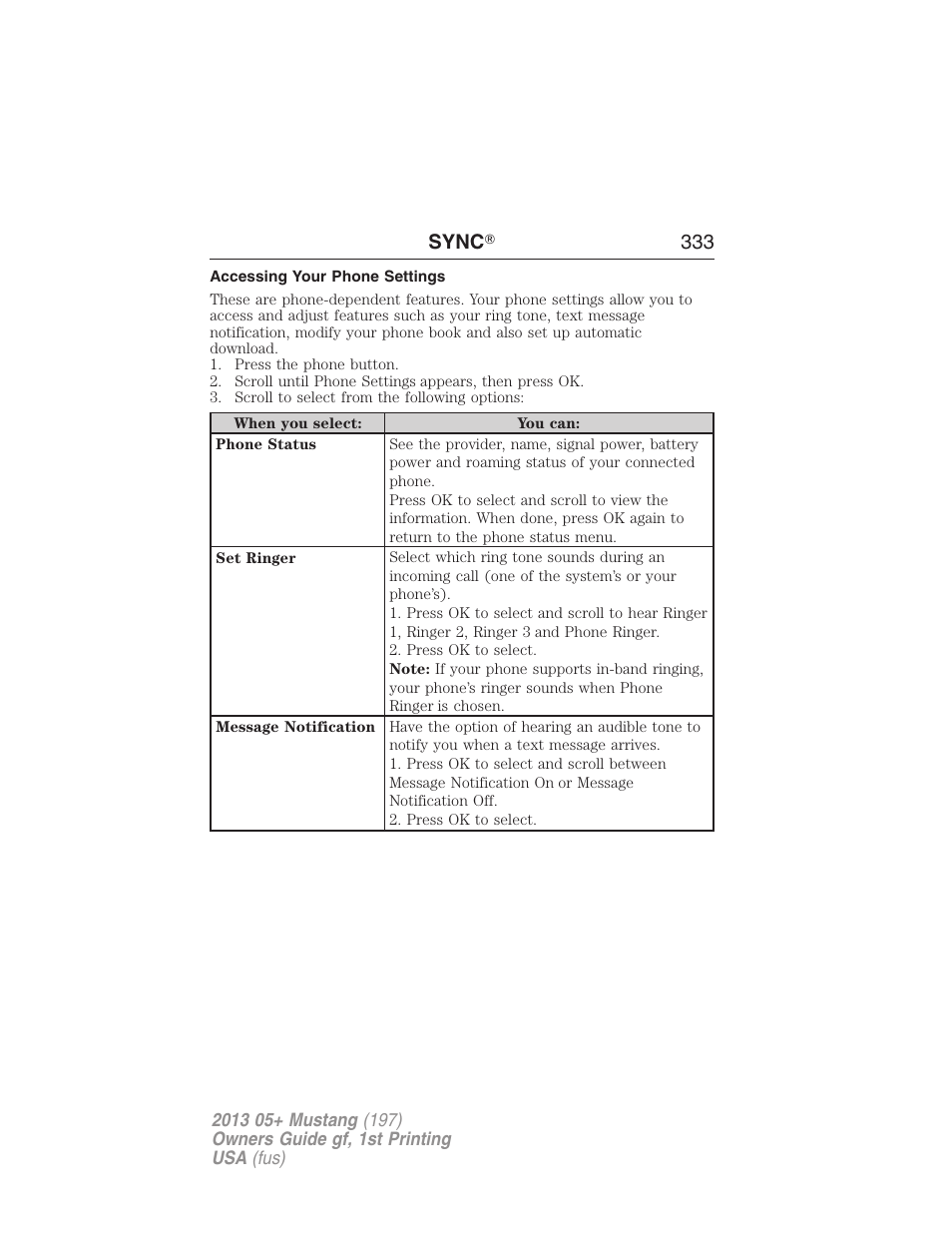 Accessing your phone settings, Sync ா 333 | FORD 2013 Mustang v.1 User Manual | Page 333 / 437
