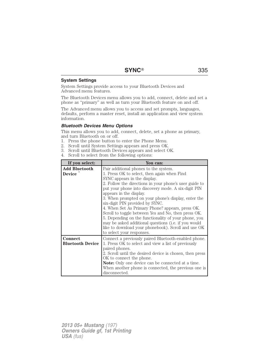 System settings, Bluetooth devices menu options, Sync ா 335 | FORD 2013 Mustang v.1 User Manual | Page 335 / 437
