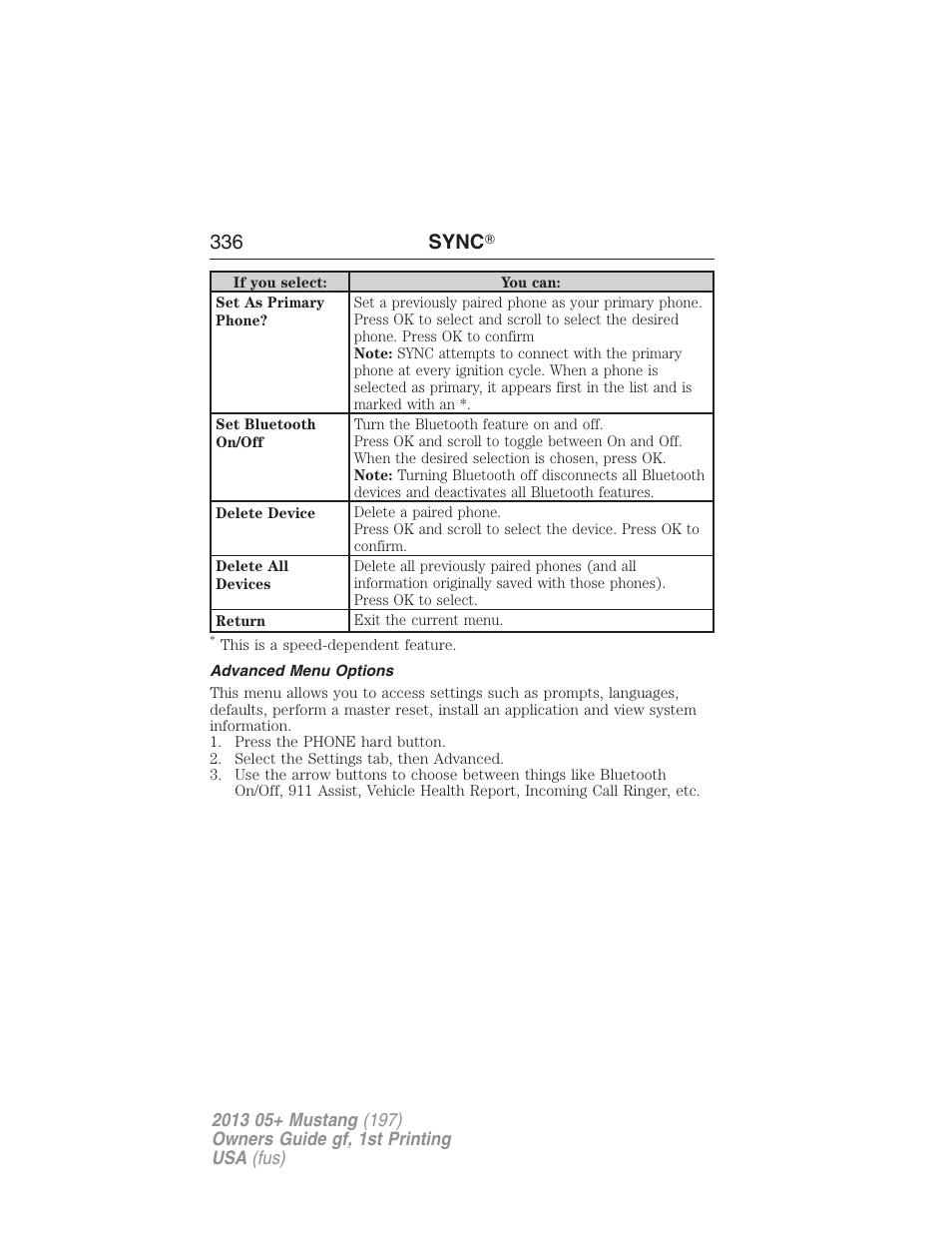 Advanced menu options, 336 sync | FORD 2013 Mustang v.1 User Manual | Page 336 / 437