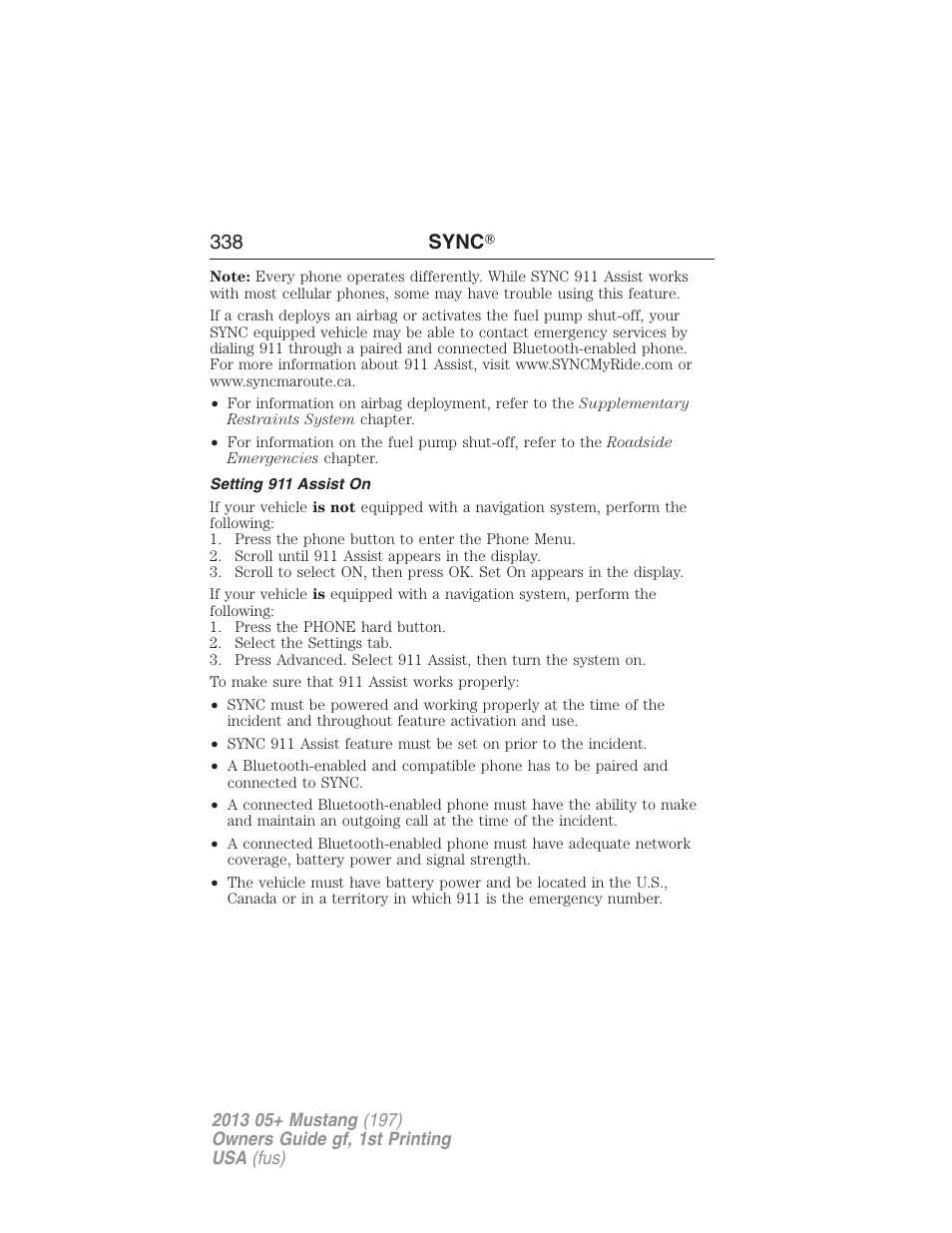 Setting 911 assist on, 338 sync | FORD 2013 Mustang v.1 User Manual | Page 338 / 437
