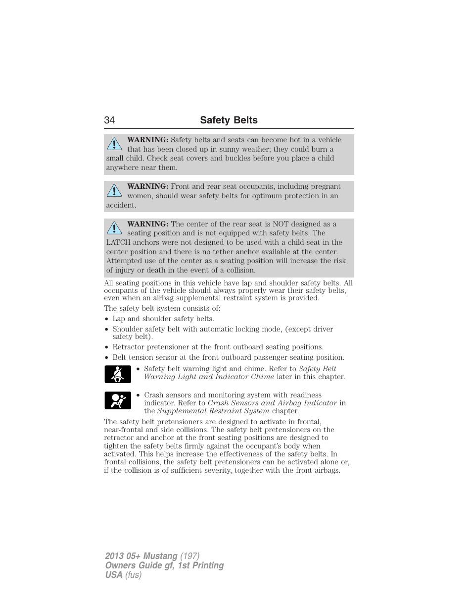 34 safety belts | FORD 2013 Mustang v.1 User Manual | Page 34 / 437