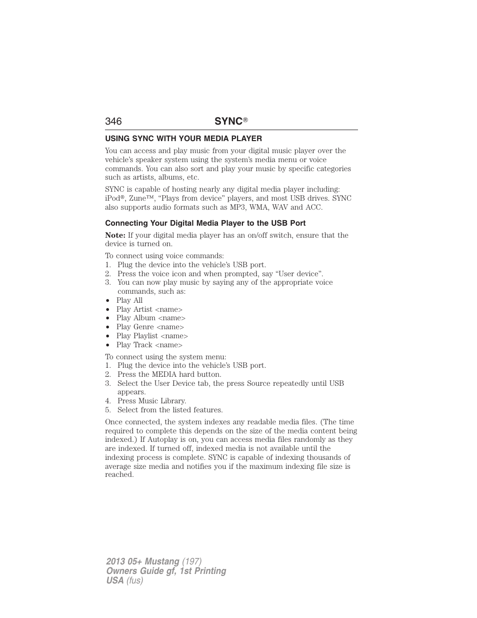 Using sync with your media player, 346 sync | FORD 2013 Mustang v.1 User Manual | Page 346 / 437