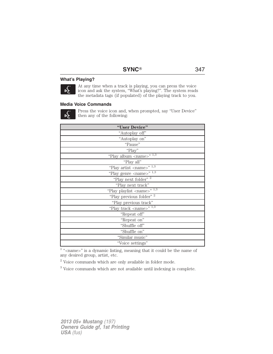 What’s playing, Media voice commands, Sync ா 347 | FORD 2013 Mustang v.1 User Manual | Page 347 / 437