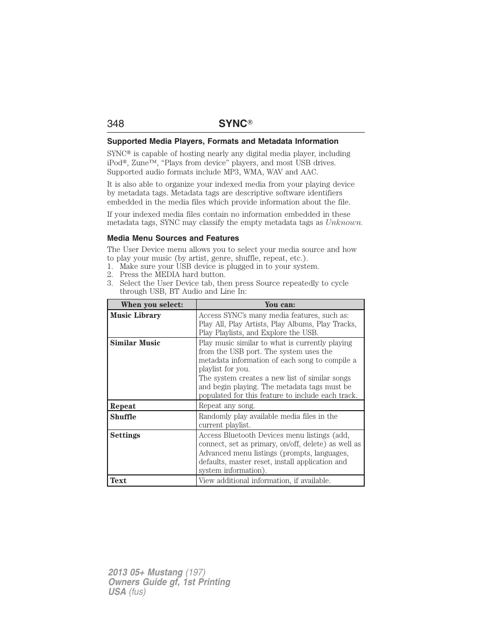 Media menu sources and features, 348 sync | FORD 2013 Mustang v.1 User Manual | Page 348 / 437