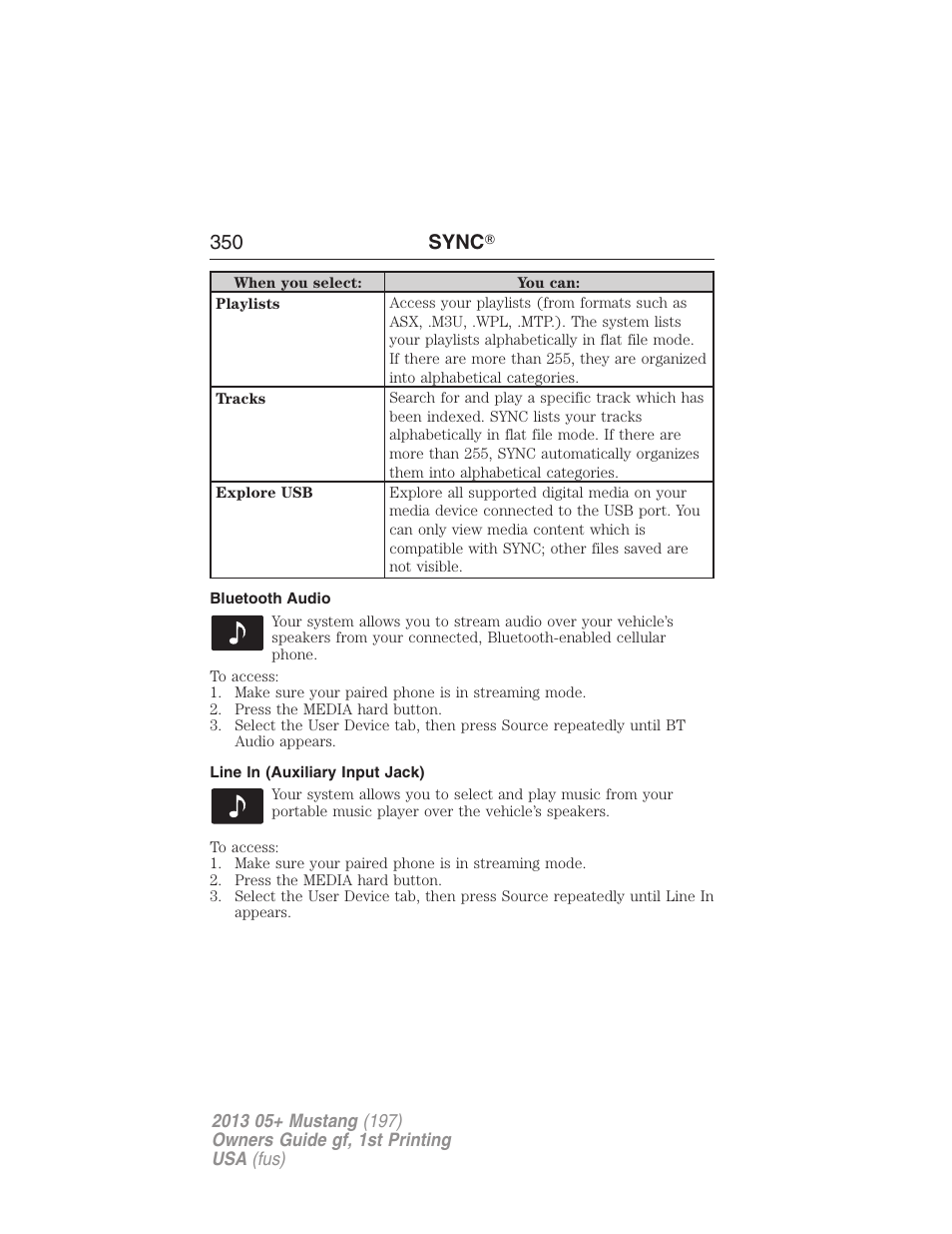 Bluetooth audio, Line in (auxiliary input jack), 350 sync | FORD 2013 Mustang v.1 User Manual | Page 350 / 437