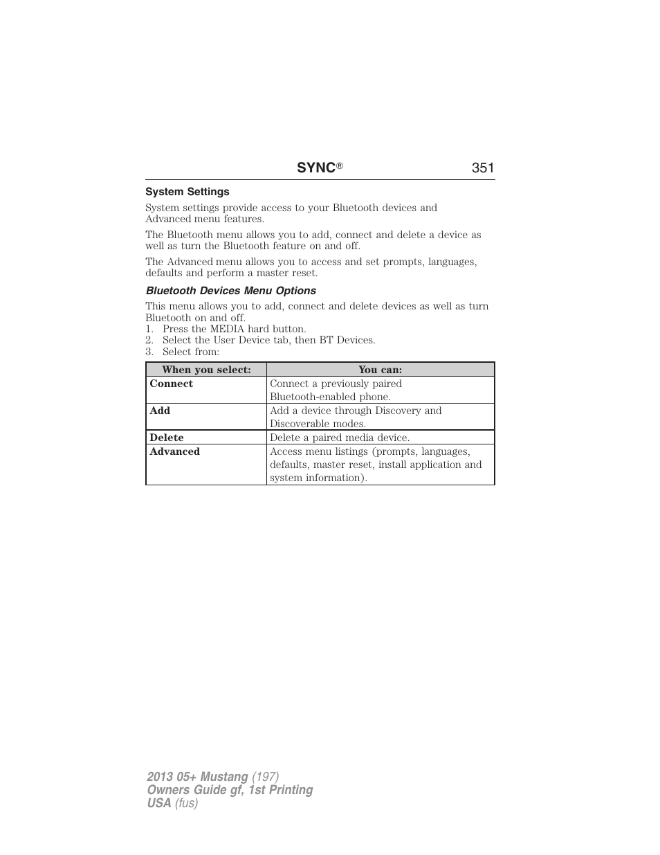 System settings, Bluetooth devices menu options, Sync ா 351 | FORD 2013 Mustang v.1 User Manual | Page 351 / 437