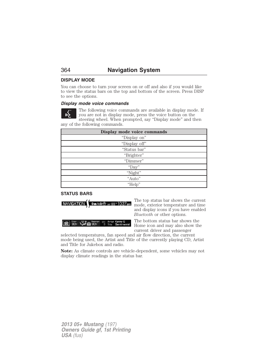 Display mode, Display mode voice commands, Status bars | 364 navigation system | FORD 2013 Mustang v.1 User Manual | Page 364 / 437