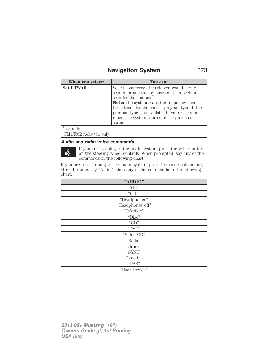 Audio and radio voice commands, Navigation system 373 | FORD 2013 Mustang v.1 User Manual | Page 373 / 437