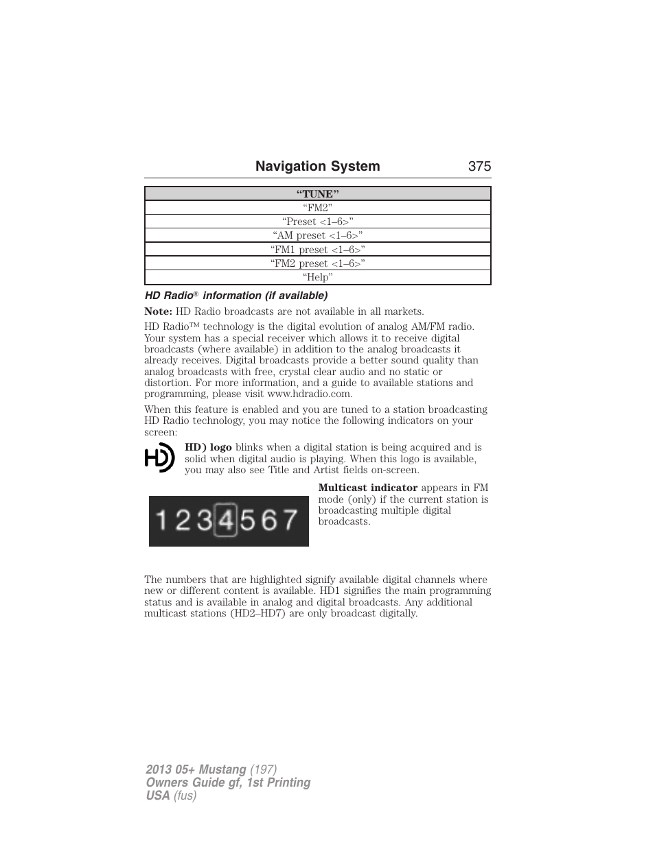 Hd radio? information (if available), Navigation system 375 | FORD 2013 Mustang v.1 User Manual | Page 375 / 437