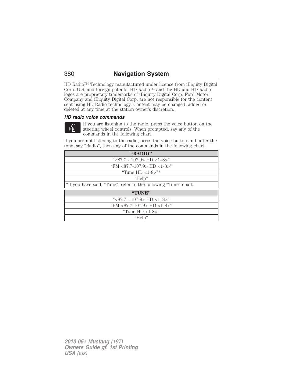 Hd radio voice commands, 380 navigation system | FORD 2013 Mustang v.1 User Manual | Page 380 / 437