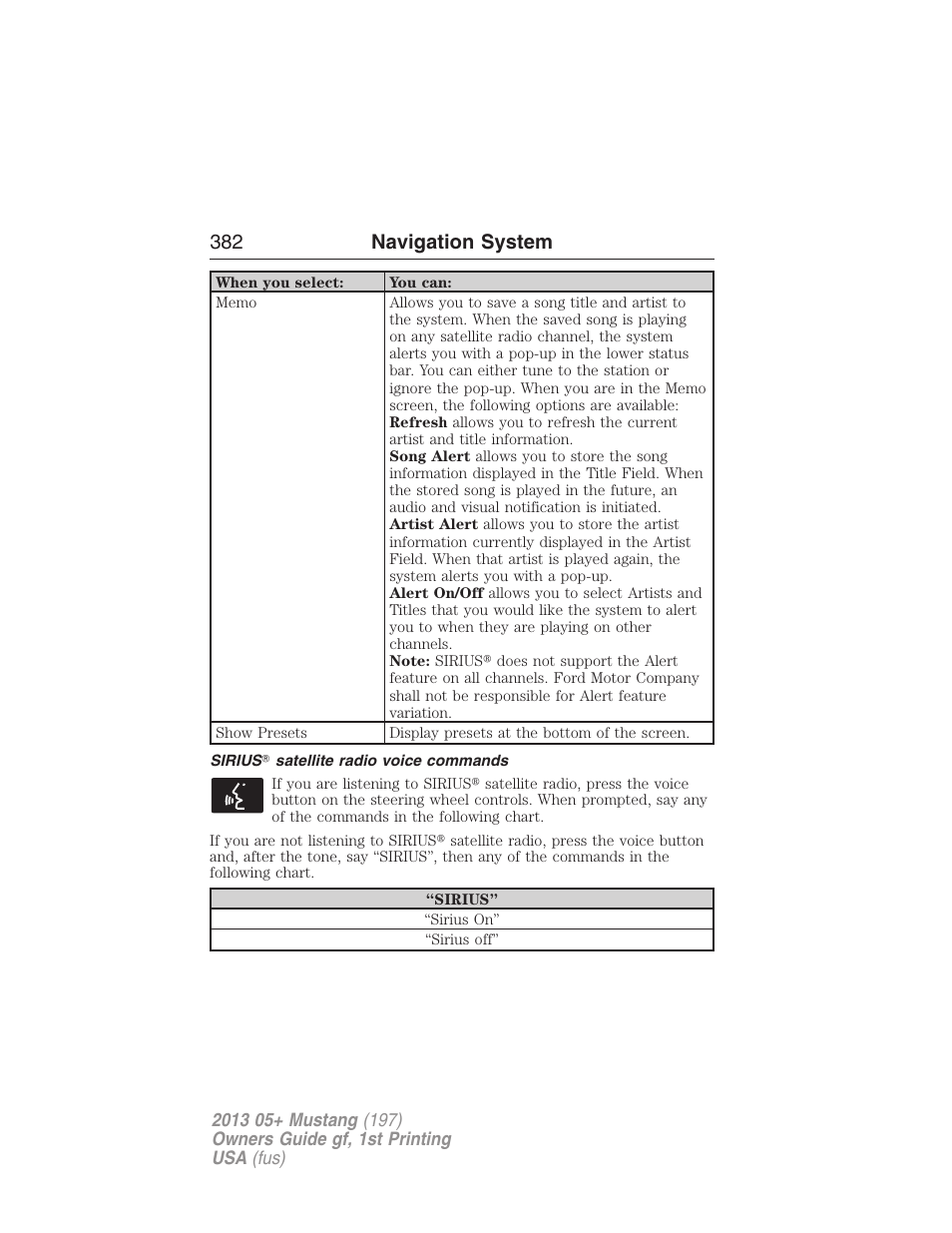 Sirius? satellite radio voice commands, 382 navigation system | FORD 2013 Mustang v.1 User Manual | Page 382 / 437