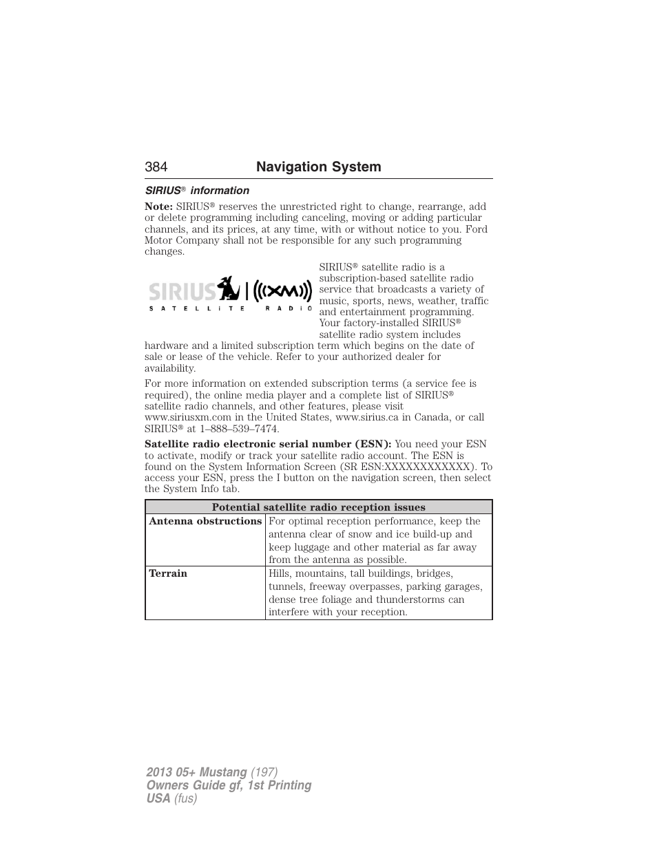 Sirius? information, 384 navigation system | FORD 2013 Mustang v.1 User Manual | Page 384 / 437