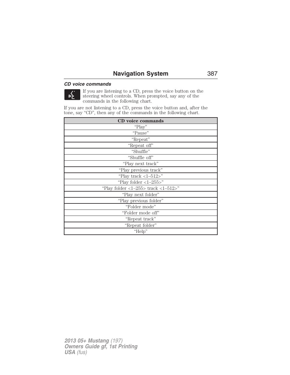Cd voice commands, Navigation system 387 | FORD 2013 Mustang v.1 User Manual | Page 387 / 437