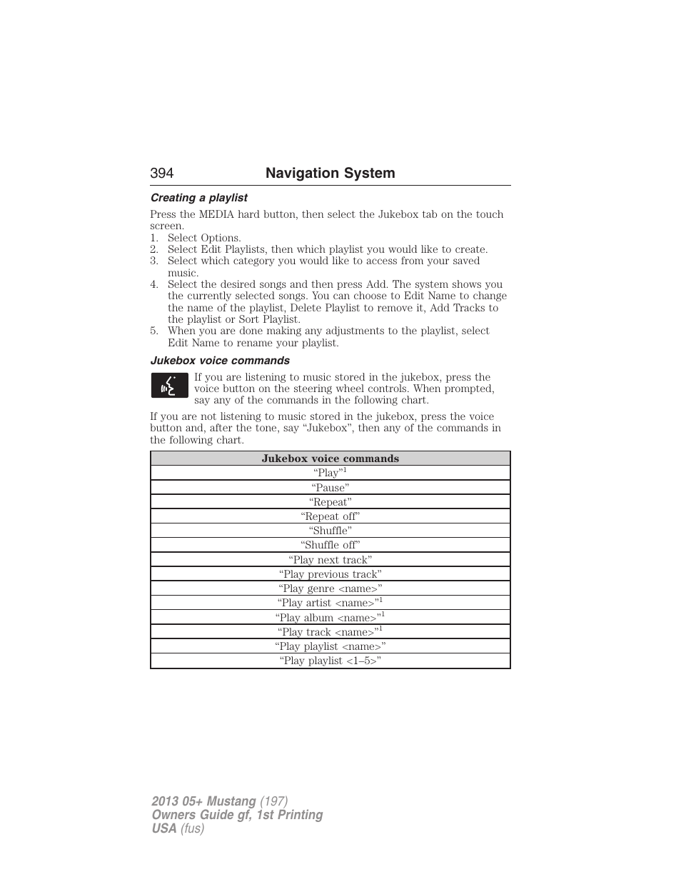 Creating a playlist, Jukebox voice commands, 394 navigation system | FORD 2013 Mustang v.1 User Manual | Page 394 / 437