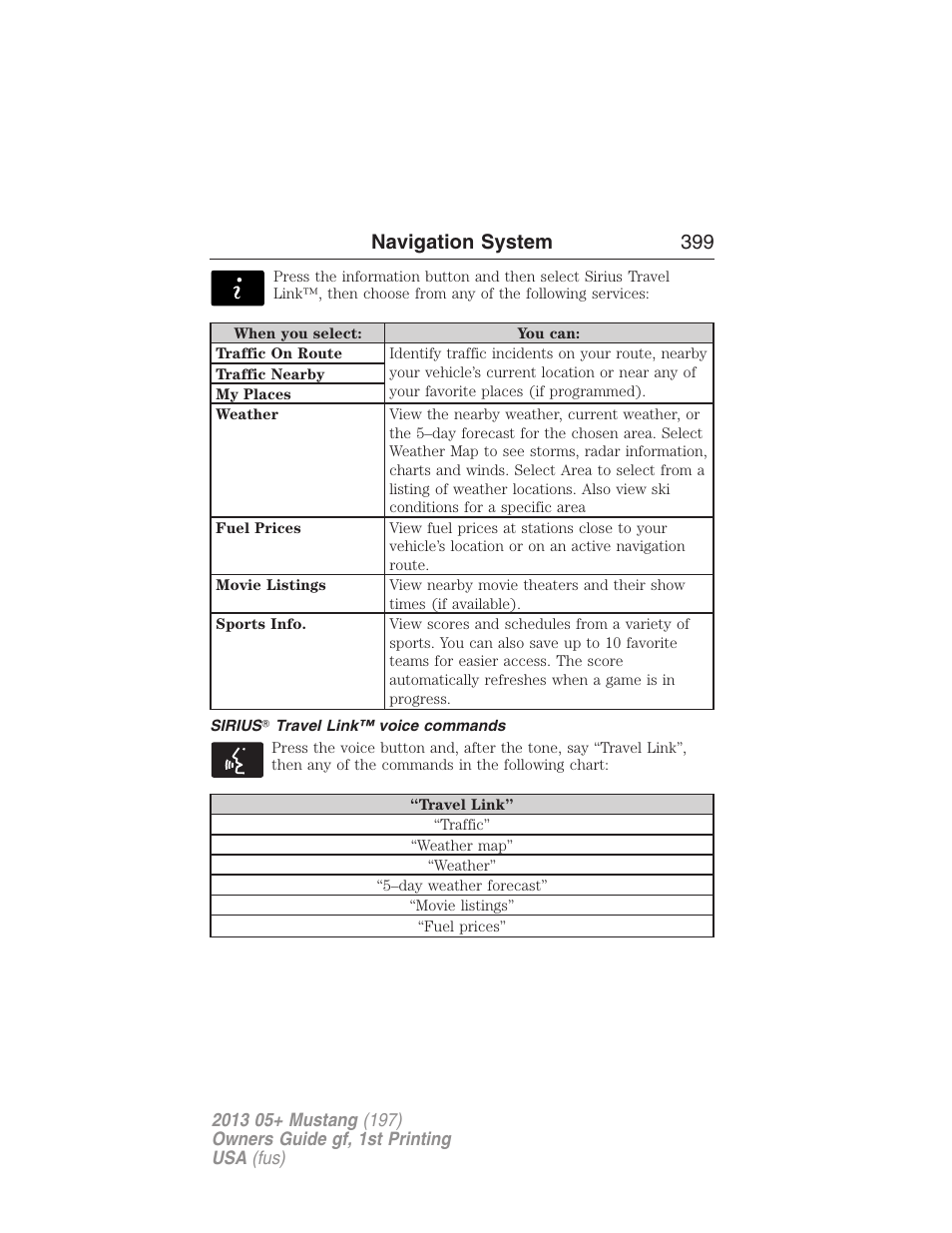 Sirius? travel link™ voice commands, Navigation system 399 | FORD 2013 Mustang v.1 User Manual | Page 399 / 437