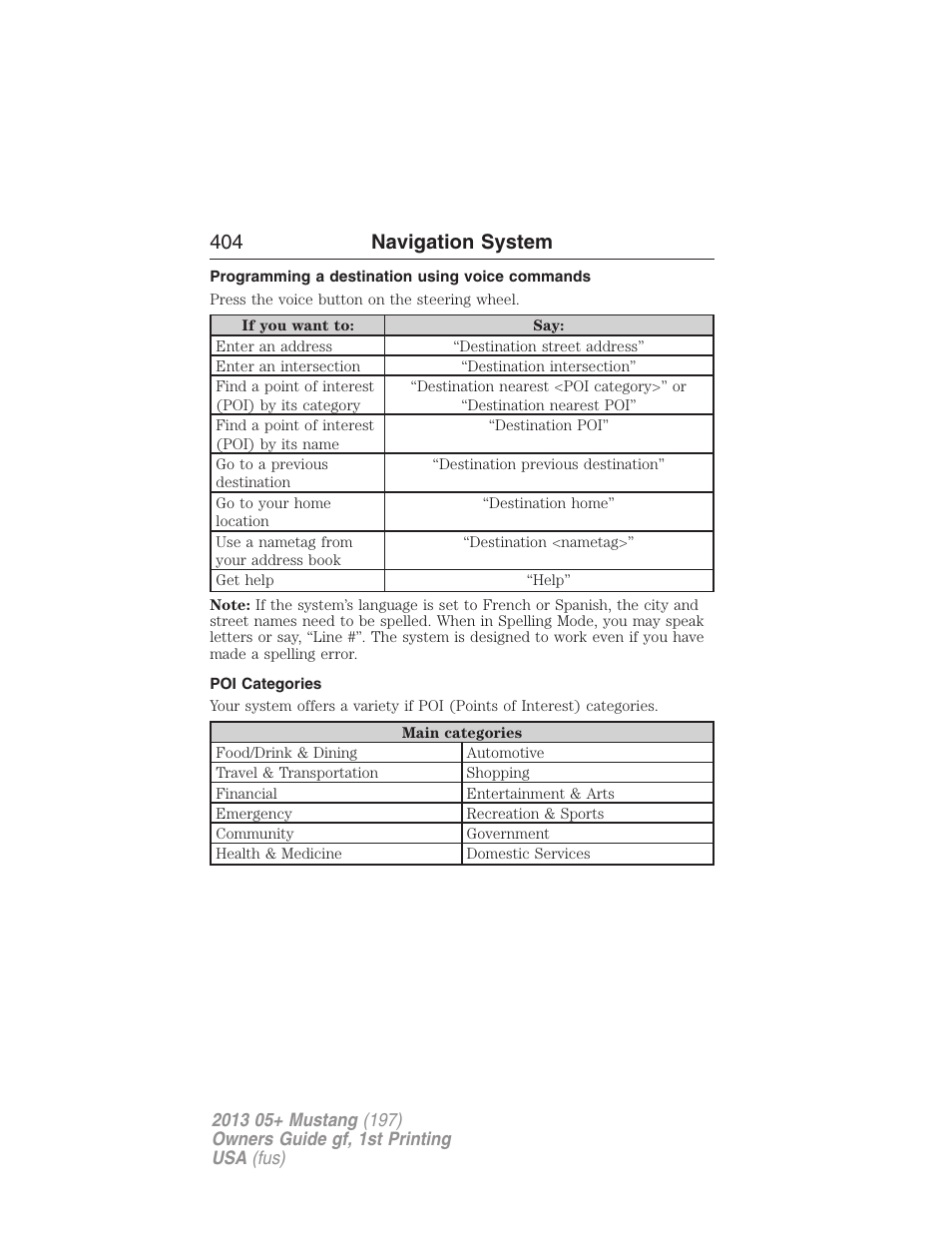 Programming a destination using voice commands, Poi categories, 404 navigation system | FORD 2013 Mustang v.1 User Manual | Page 404 / 437