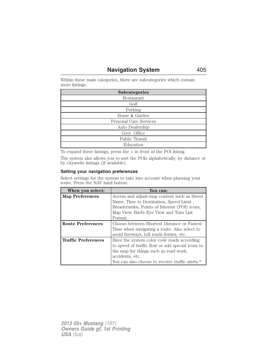 Setting your navigation preferences, Navigation system 405 | FORD 2013 Mustang v.1 User Manual | Page 405 / 437