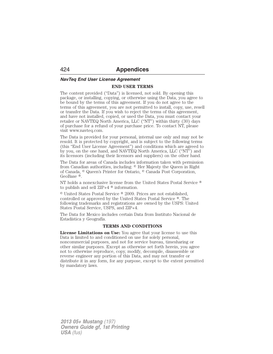 Navteq end user license agreement, 424 appendices | FORD 2013 Mustang v.1 User Manual | Page 424 / 437