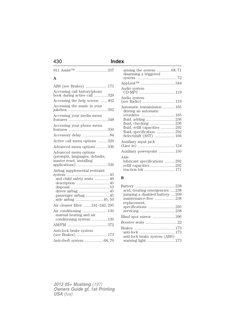 Index, 430 index | FORD 2013 Mustang v.1 User Manual | Page 430 / 437