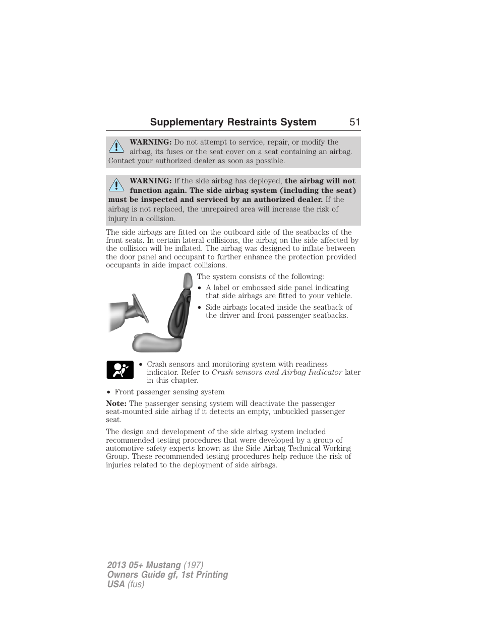 Supplementary restraints system 51 | FORD 2013 Mustang v.1 User Manual | Page 51 / 437