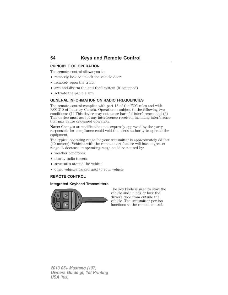 Keys and remote control, Principle of operation, General information on radio frequencies | Remote control, Integrated keyhead transmitters, Keys, 54 keys and remote control | FORD 2013 Mustang v.1 User Manual | Page 54 / 437