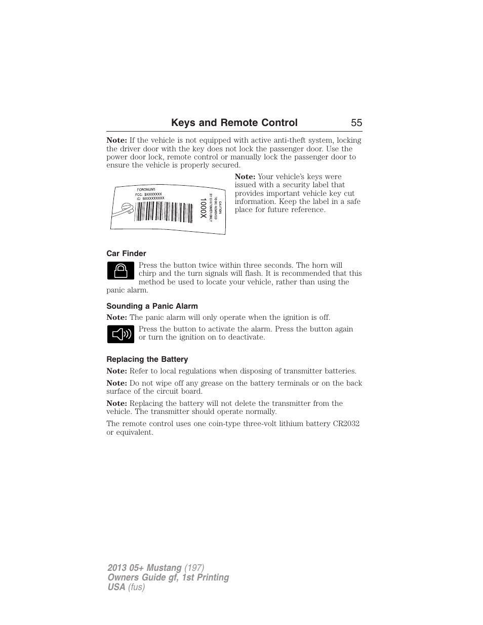 Car finder, Sounding a panic alarm, Replacing the battery | Keys and remote control 55 | FORD 2013 Mustang v.1 User Manual | Page 55 / 437