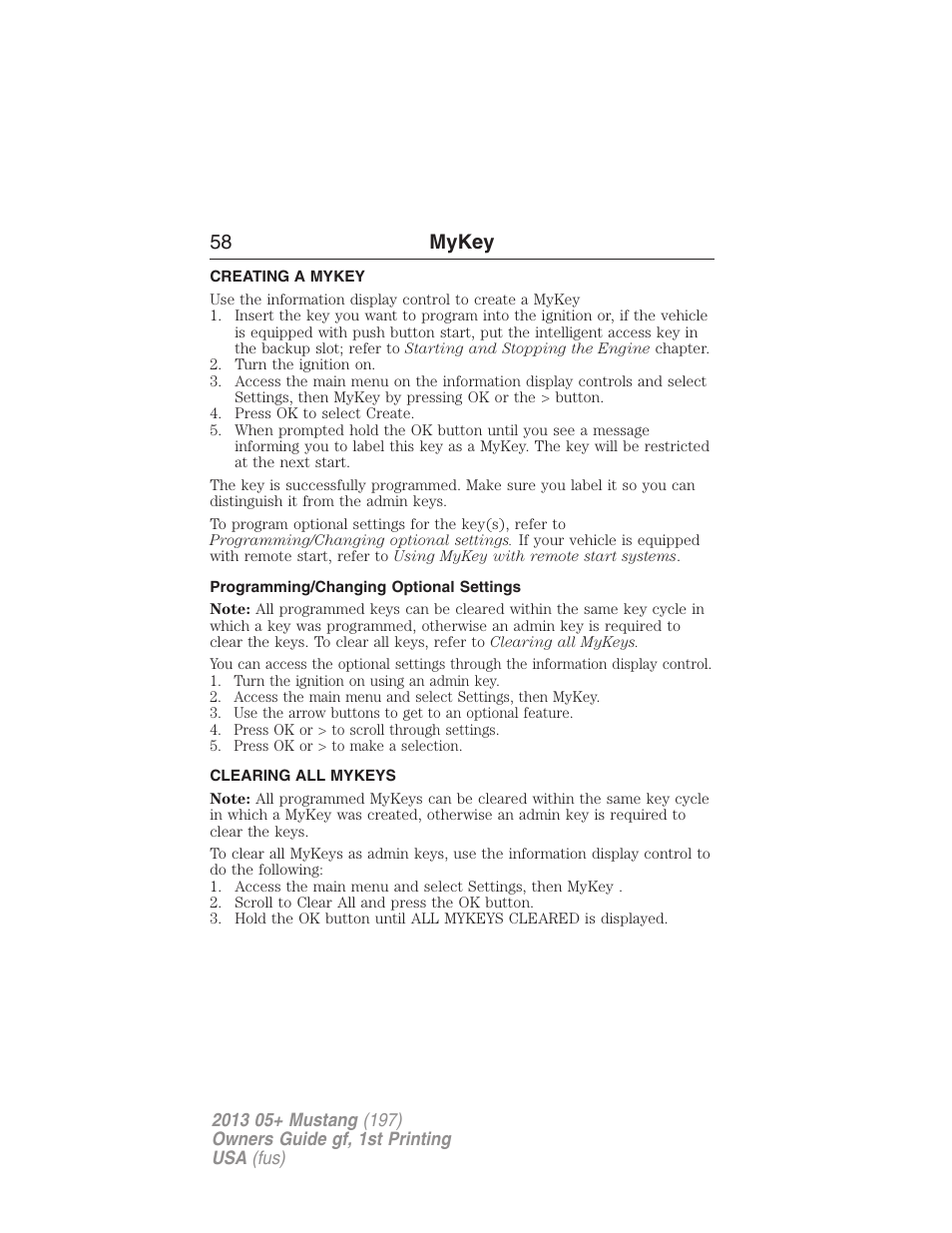Creating a mykey, Programming/changing optional settings, Clearing all mykeys | Creating, Clearing, 58 mykey | FORD 2013 Mustang v.1 User Manual | Page 58 / 437