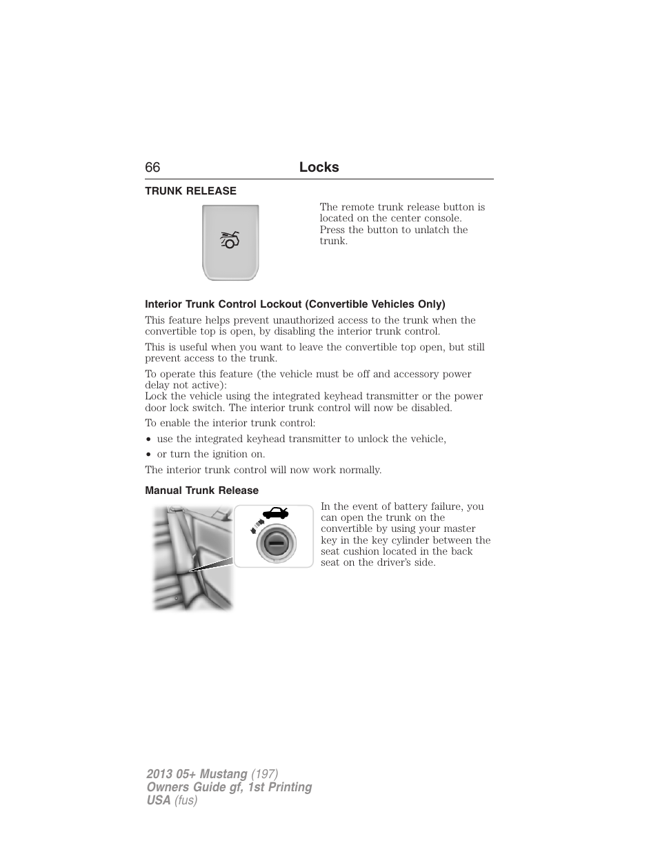 Trunk release, Manual trunk release, 66 locks | FORD 2013 Mustang v.1 User Manual | Page 66 / 437