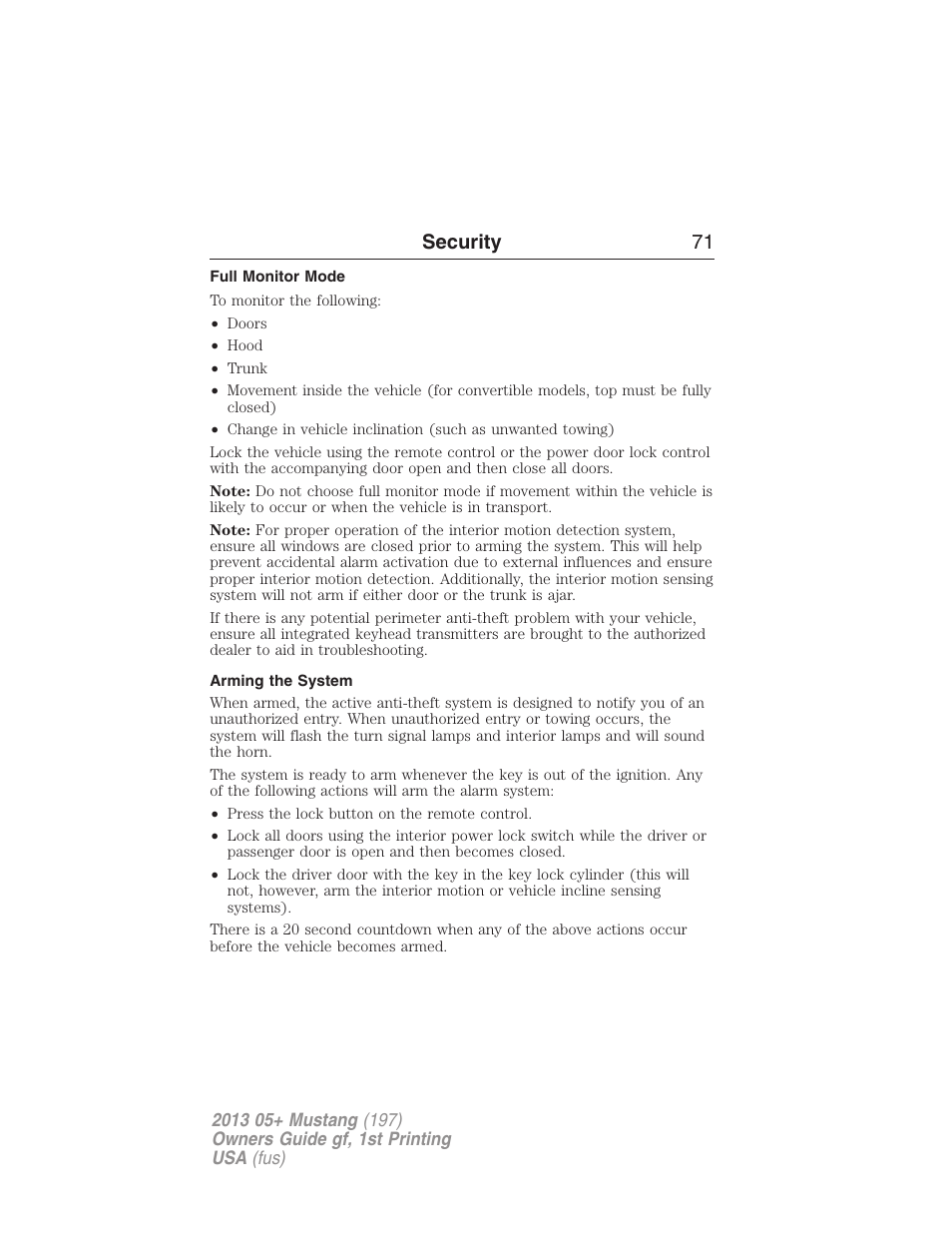 Full monitor mode, Arming the system, Security 71 | FORD 2013 Mustang v.1 User Manual | Page 71 / 437