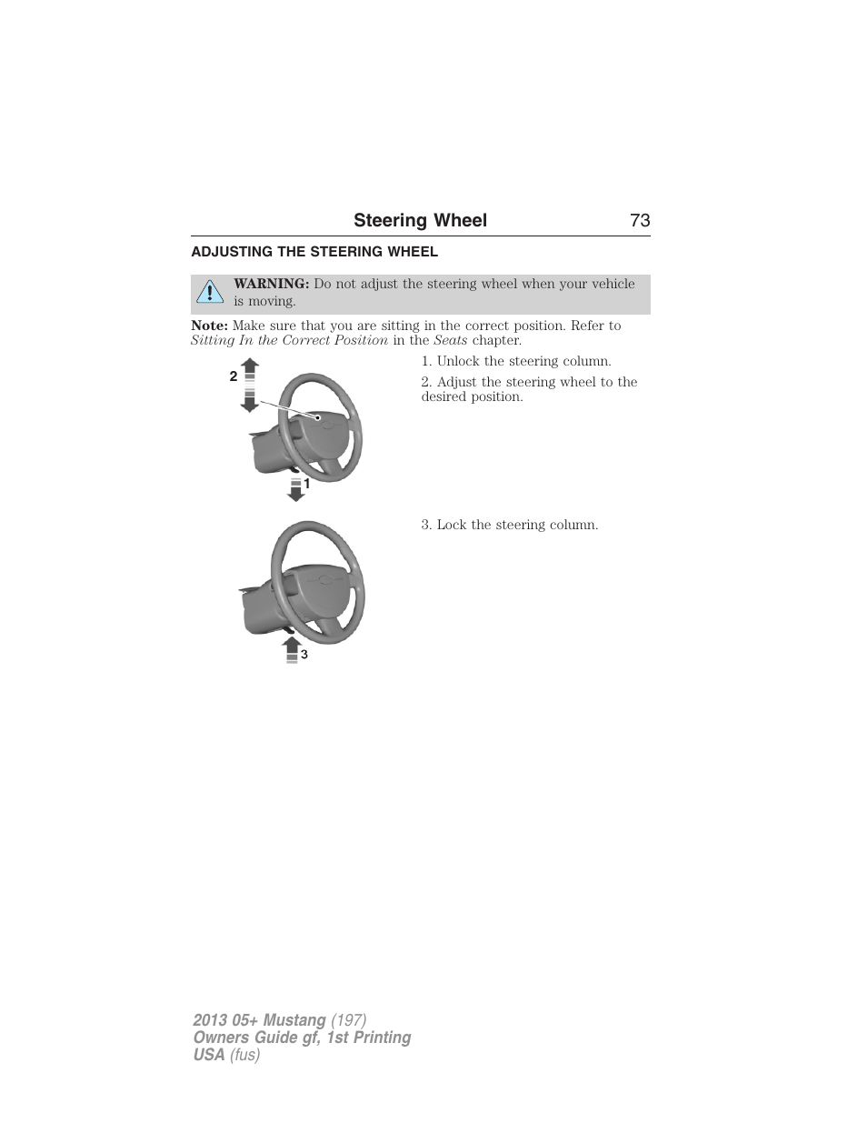 Steering wheel, Adjusting the steering wheel, Steering wheel 73 | FORD 2013 Mustang v.1 User Manual | Page 73 / 437
