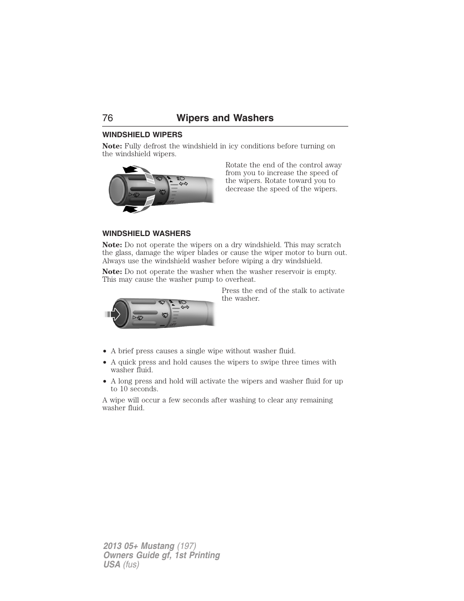 Wipers and washers, Windshield wipers, Windshield washers | 76 wipers and washers | FORD 2013 Mustang v.1 User Manual | Page 76 / 437