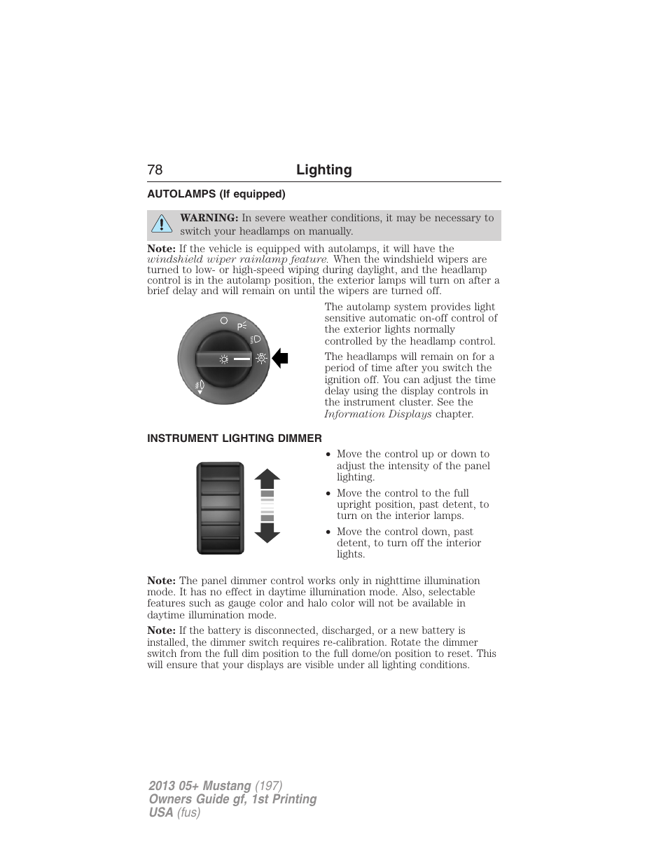 Autolamps (if equipped), Instrument lighting dimmer, Autolamps | 78 lighting | FORD 2013 Mustang v.1 User Manual | Page 78 / 437