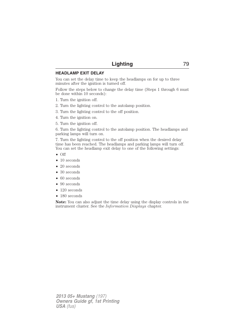 Headlamp exit delay, Lighting 79 | FORD 2013 Mustang v.1 User Manual | Page 79 / 437