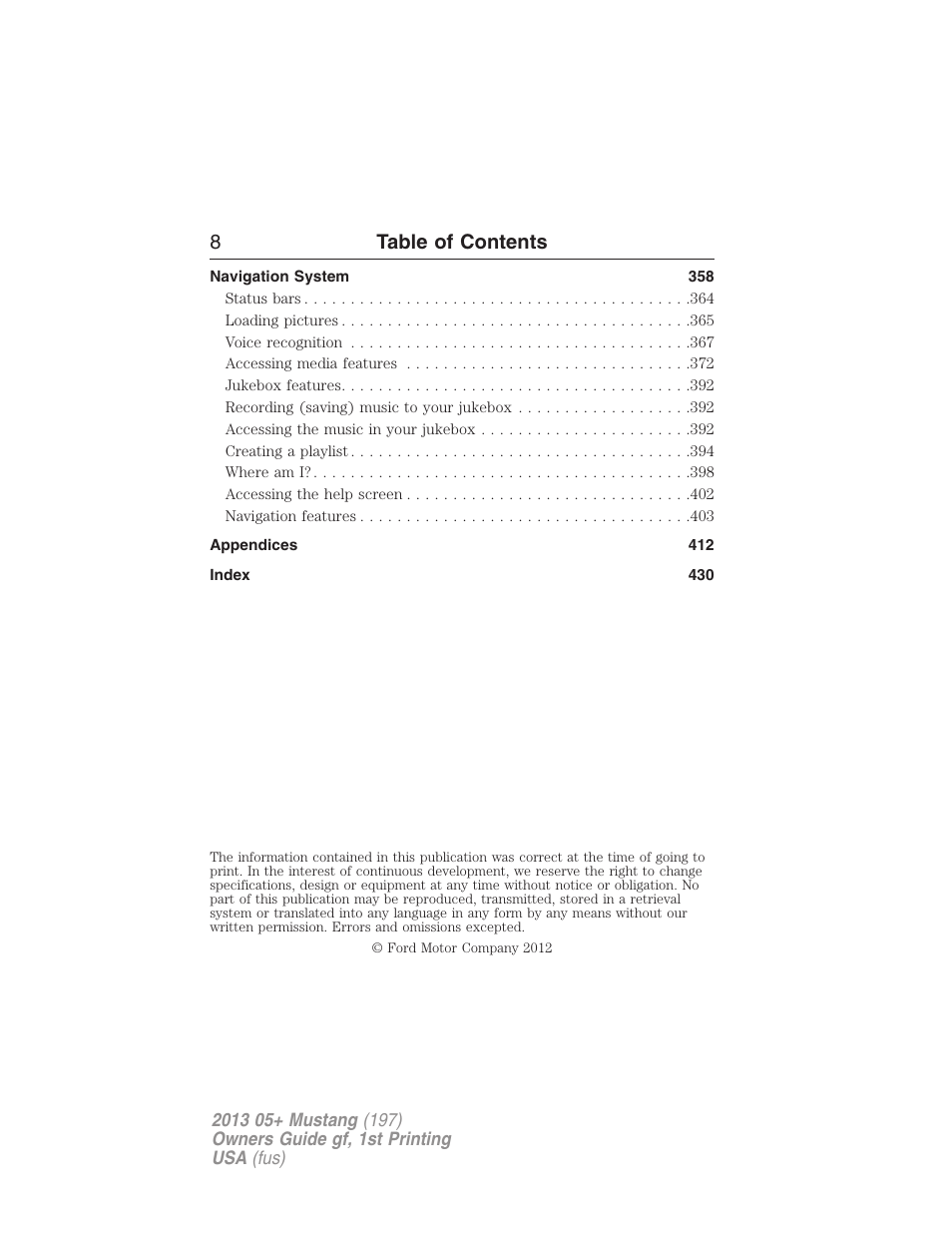 8table of contents | FORD 2013 Mustang v.1 User Manual | Page 8 / 437