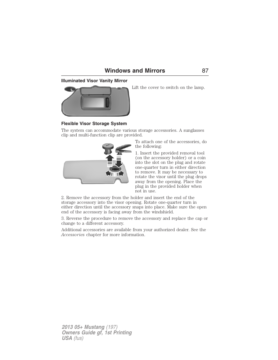 Illuminated visor vanity mirror, Flexible visor storage system, Windows and mirrors 87 | FORD 2013 Mustang v.1 User Manual | Page 87 / 437