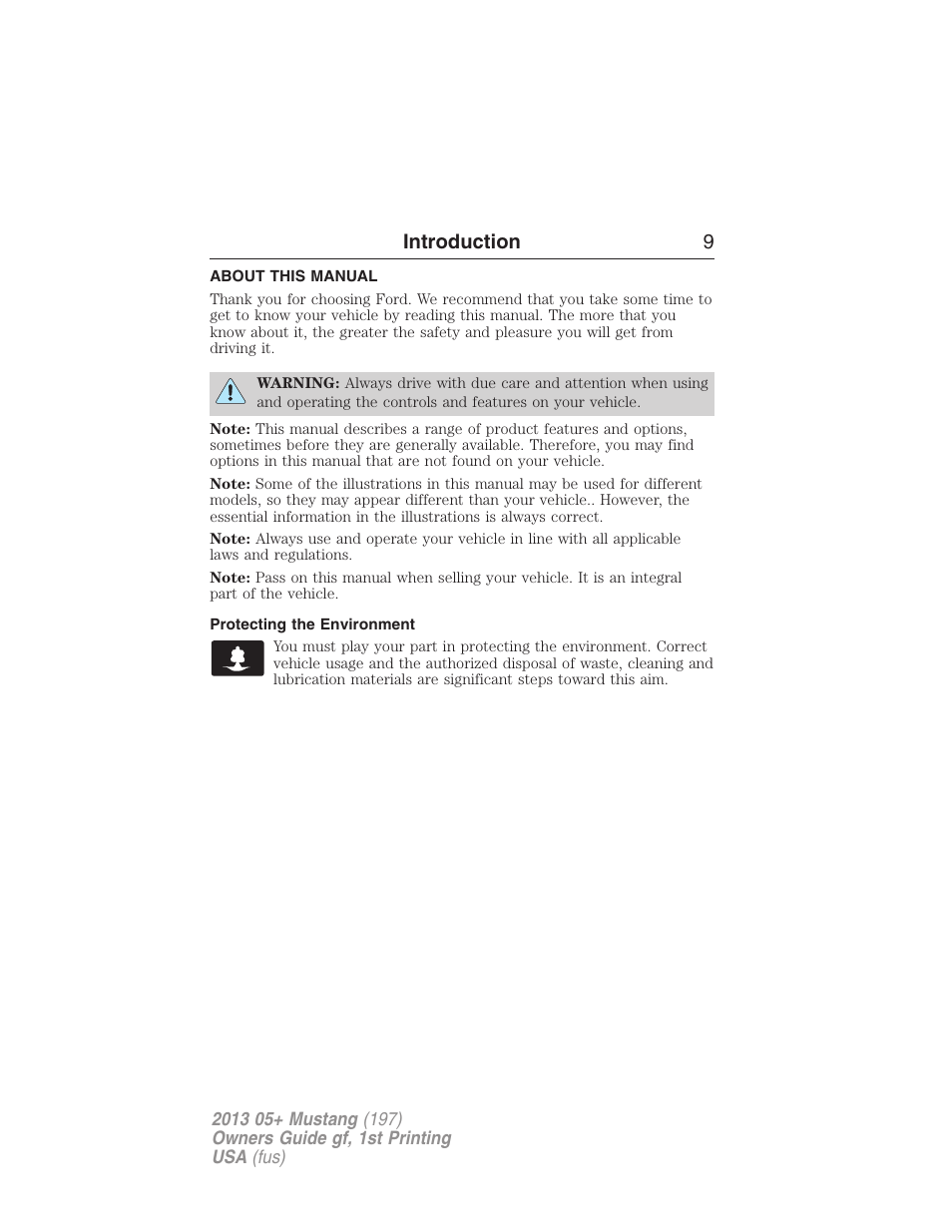Introduction, About this manual, Protecting the environment | Introduction 9 | FORD 2013 Mustang v.1 User Manual | Page 9 / 437