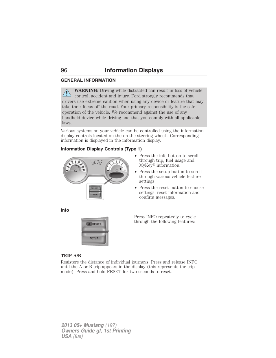 Information displays, General information, Information display controls (type 1) | Info, Controls, 96 information displays | FORD 2013 Mustang v.1 User Manual | Page 96 / 437