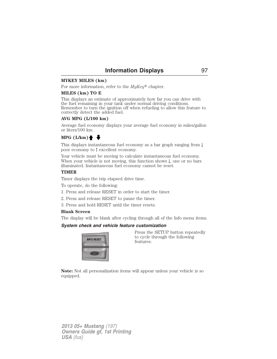 System check and vehicle feature customization, Information displays 97 | FORD 2013 Mustang v.1 User Manual | Page 97 / 437
