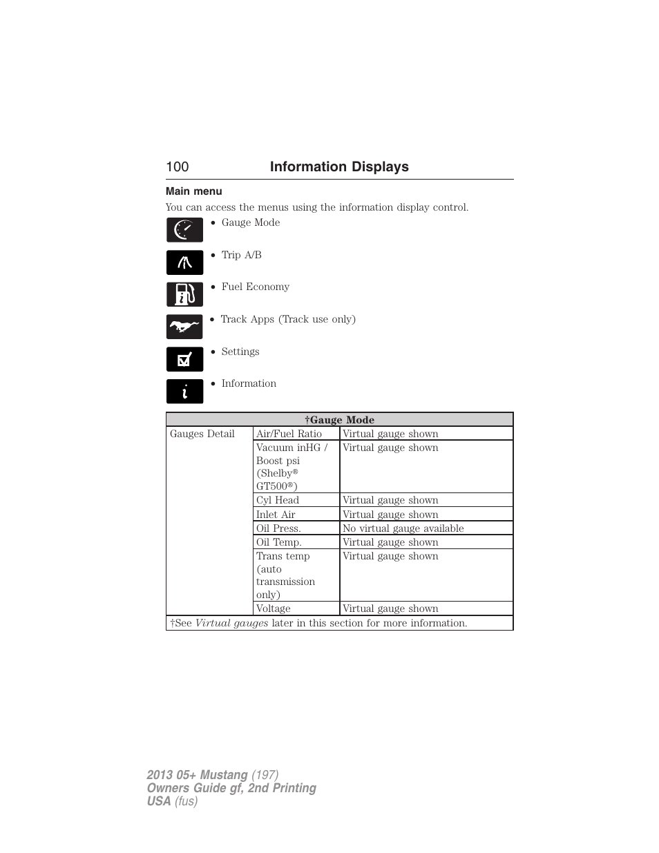 Main menu, 100 information displays | FORD 2013 Mustang v.2 User Manual | Page 100 / 427