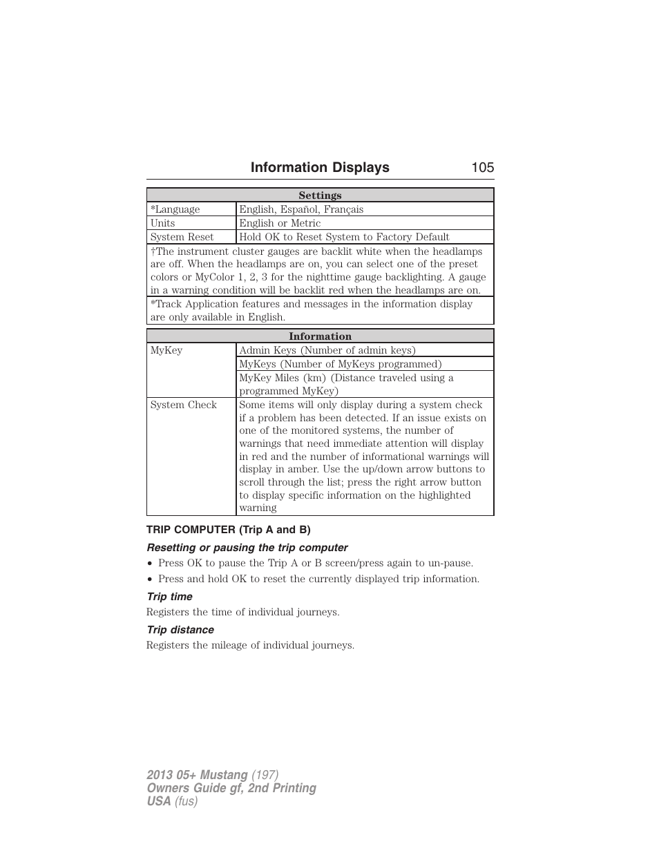 Trip computer (trip a and b), Resetting or pausing the trip computer, Trip time | Trip distance, Information displays 105 | FORD 2013 Mustang v.2 User Manual | Page 105 / 427