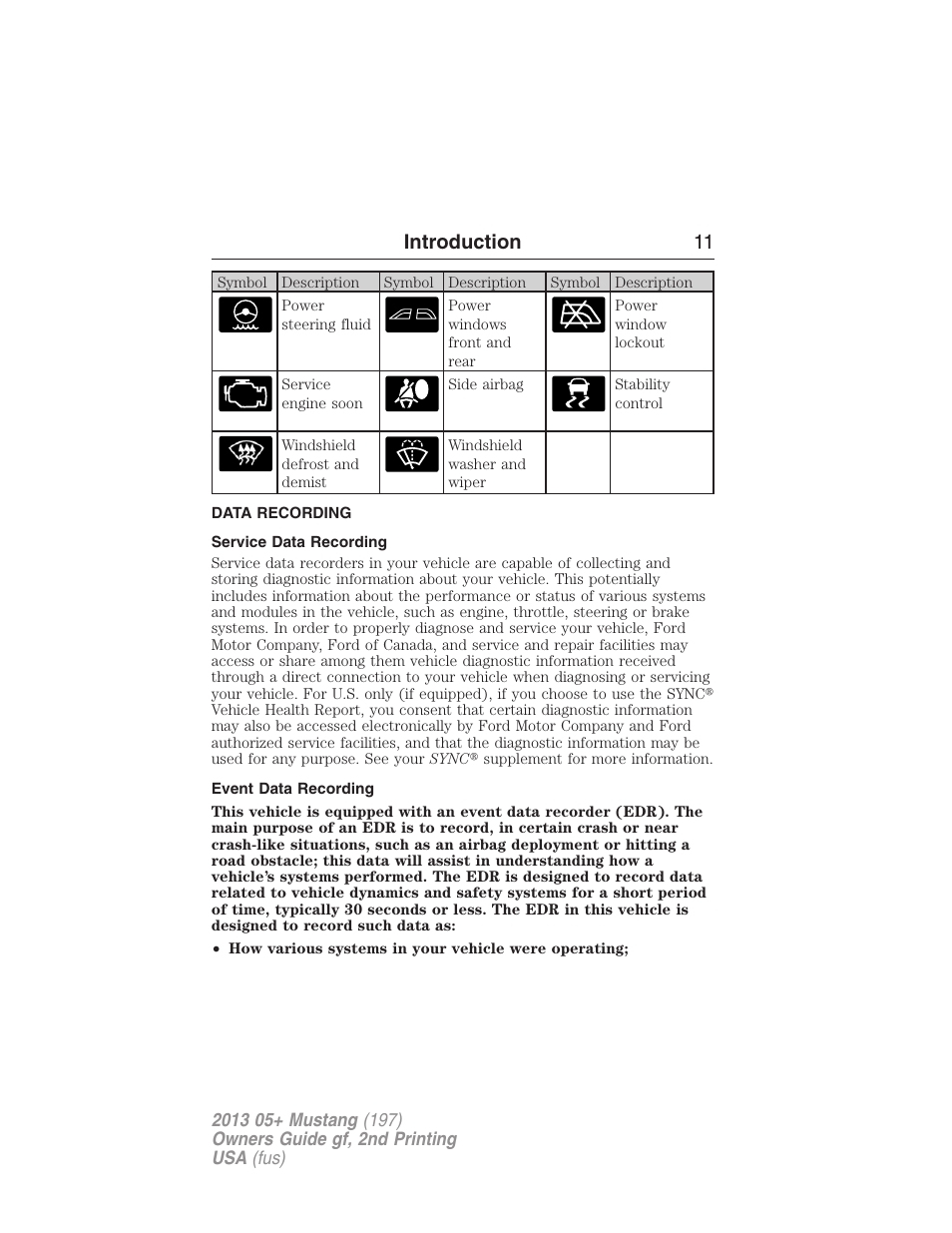 Data recording, Service data recording, Event data recording | Introduction 11 | FORD 2013 Mustang v.2 User Manual | Page 11 / 427